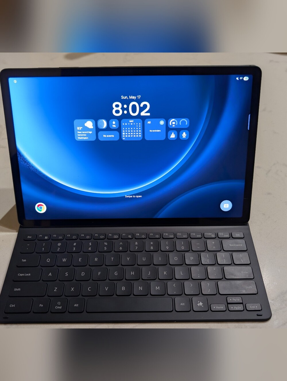 Samsung Galaxy Tab S9 FE+ in Silver, with Black Samsung Keyboard Case
